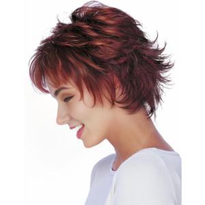 RENERSHOW Short Red Pixie Cut Wavy Wigs for White Women with Bangs Burgundy Highlight Synthetic Wig 6 Inch