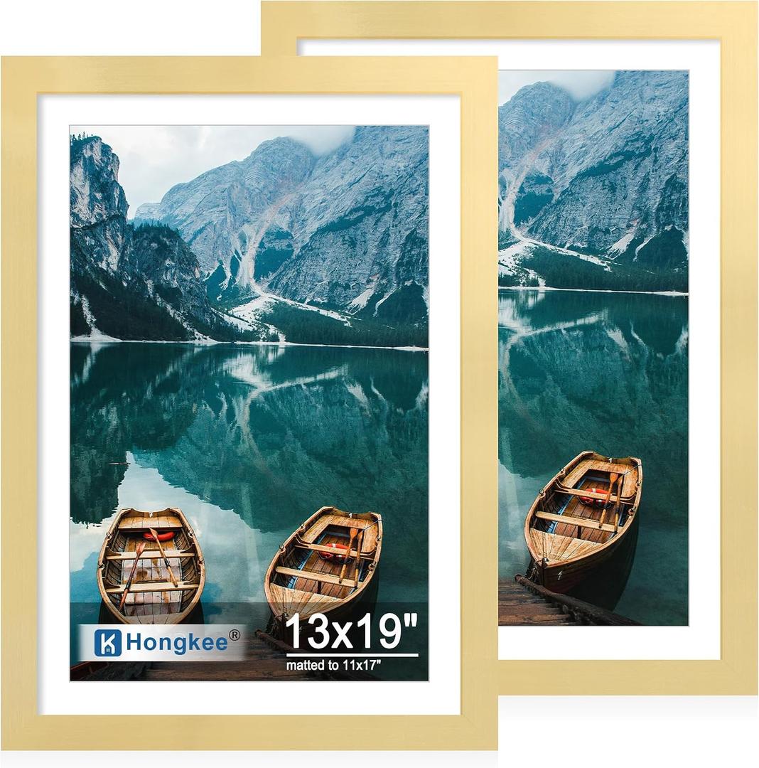 Hongkee 13x19 Picture Frame Set of 2, Gold Wood Style for 11x17 Mat, 13x19 in