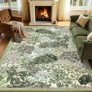 GarveeHome Forest Rugs 5x7, Beige Green Washable Area Rugs for Living Room 5x7, Botanical Low Pile Non Slip Stain Resistance Woodland Rug for Farmhouse, Bedroom, Dining Room