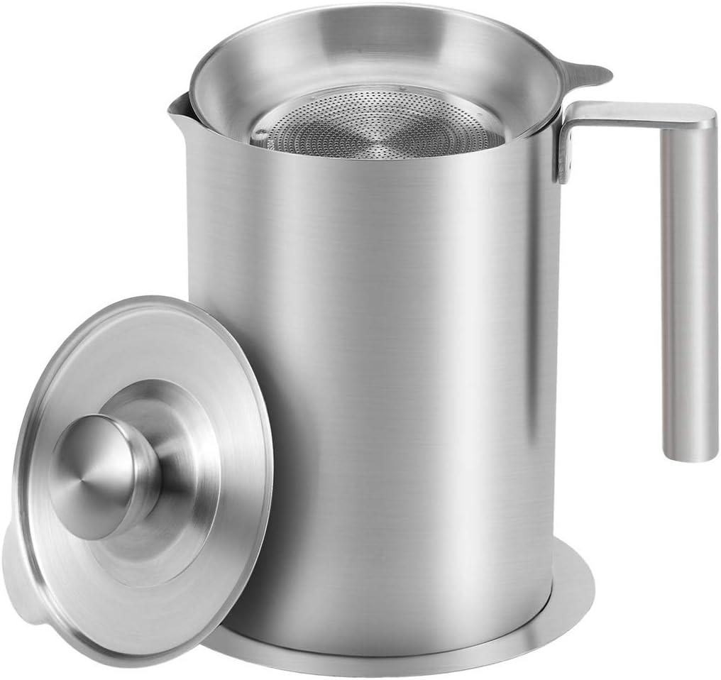 Sumerflos 1.8 L/ 1.9 Quart Stainless Steel Grease Strainer and Container - Large Oil Storage Pot Grease Keeper with Dust-Proof Lid & Easy Grip Handle - for Bacon, Kitchen Cooking or Frying Oil