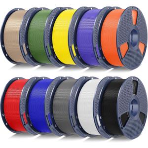 SUNLU PLA+2.0 3D Printer Filament Bundle,10KG Upgrade PLA Plus Filament 1.75mm, 3DFilament Multicolor, 1KG Spool, 10 Pack, Black+White+Grey+Blue+Red+Yellow+Olive Green+Orange+Purple+Wood Color