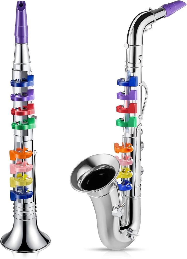 Amylove Set of 2 Toy Saxophone and Clarinet for Kids Toddlers Plastic Instruments Fake Music Toy Portable Early Educational Toys Teaching Songs Musical Gifts(Silver)
