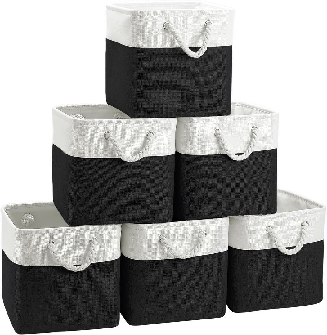 Large 11x11 Inch Cube Storage Bins with Cotton Handles for Closet, Shelves, Clothes, Toys, Towel (White/ Black-6 Pack)