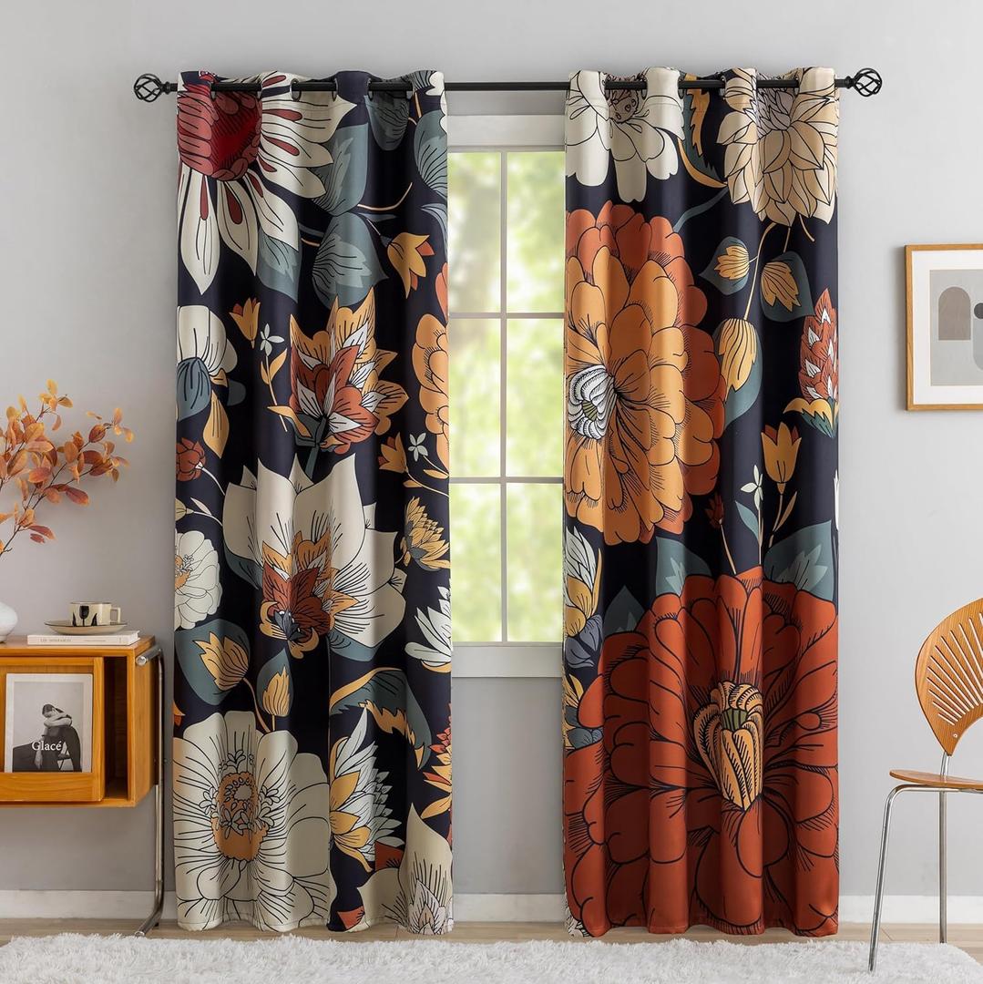 Black Boho Floral 100% Blackout Curtains for Bedroom 96 inch Long 2 Panels Mid Century Botanical Black Out Curtains for Living Room Grommet Thermal Insulated Room Darkening Window Drapes,52Wx96L (52"W x 96"L (Pack of 2))