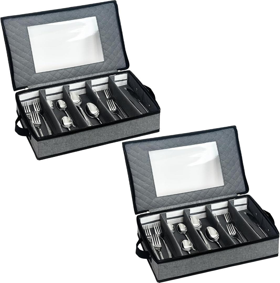 2 Pack Flatware Utensil Storage - Sturdy Silverware Storage Box with Dividers, 5 Compartment Flatware Storage Case with Handles and Removable Lid for Moving&Protected(Dark Gray)