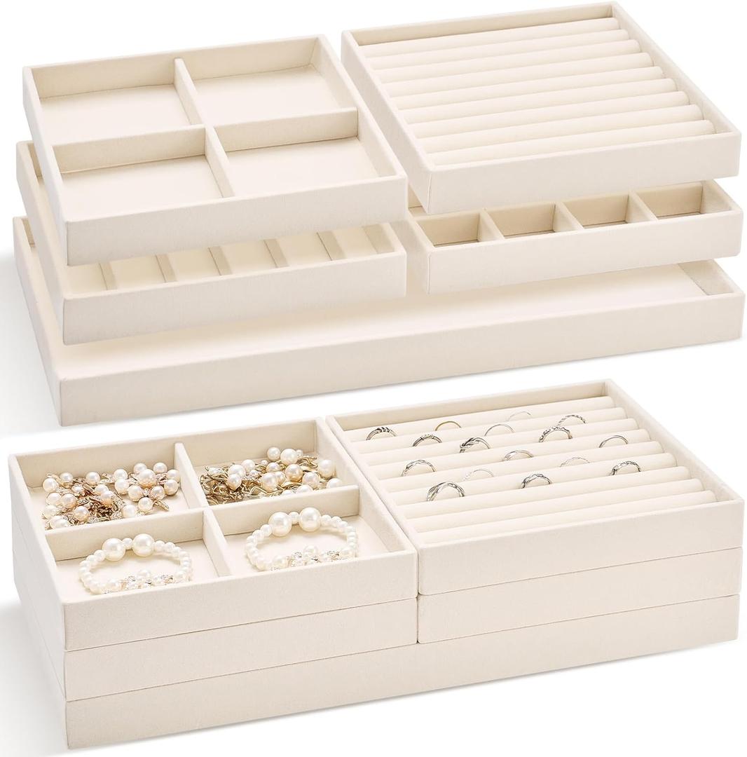 Cinnvoice Set of 10 Stackable Jewelry Organizer Trays for Drawer 14 Inch Velvet Jewelry Drawer Insert Display Storage with Removable Divider for Necklace Earring Ring Watch Bracelet (Beige)