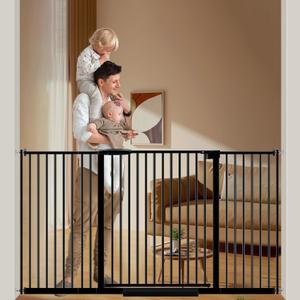 DEARBB Extra Wide Baby Gate Ultra Narrow Spacing 30.11-77.36" Pressure Mounted Double Lock Swing Auto Close Walk Through Metal Safety Pet Gate for Stairs and House Doorway Kitchen (53.74"-61.61", Black)