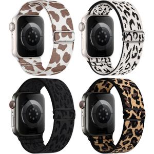 4 Pack Stretchy Solo Loop Compatible with Apple Watch Bands 38mm/40mm/41mm/42mm Women Men, Sport Nylon Elastic Straps Wristbands for iWatch Series 11/10 (StarlightLeopard/YellowLeopard/BlackLeopard/PinkLeopard)
