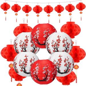 Fumete 20 Pcs 12 Chinese Japanese Paper Lanterns and 8 Red Chinese New Year Lanterns Japanese Hibachi Party Decor Cherry Blossom Hanging Decorations for Spring Festival Home Restaurant(Red, White)