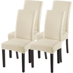 SearchI Dining Room Chair Covers Set of 4, Stretch Jacquard Parsons Chair Slipcovers Super Fit Removable Washable Kitchen Chair Protector Cover for Dining Room, Hotel, Ceremony (Beige Rhombus)