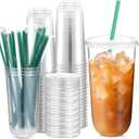 Baderke 25 Set Plastic Cups with Lids and Straws, Disposable Plastic Iced Coffee Cup for Cold Beverage Juice Smoothie Crystal for Coffee Shops Party Catering(Clear,20 oz)