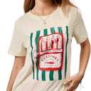 RoseSeek Women's Star Graphic Letter Print Tee Tops Casual Crewneck Short Sleeve T Shirt (Beige, L)