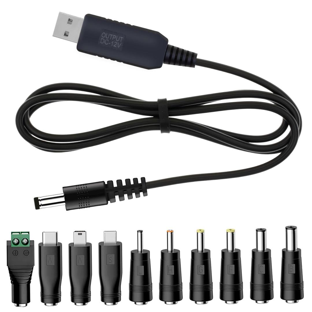 5V USB to 12V DC Charging Cable,Universal Power Cord for Toys,Watches,Fan,Speaker,Headset,Monitor,Table Lamp,Phones,LED Light Strip Router,DC 5.5 x 2.1mm with 9 Connector 3.3FT