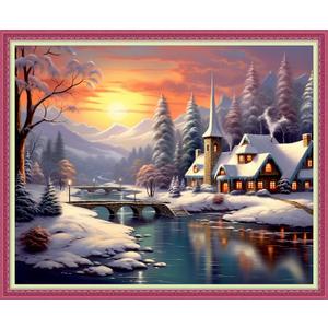 Disnesart Cross Stitch Stamped Full Embroidery Kits DIY 11CT Cotton Thread Printed DIY Needlepoint Kits Craft Needlework Set Cross-Stitch Stamped Sets-Winter Snow Scenery 16x20 inch