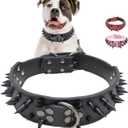 Spiked Dog Collars for Medium Large Dogs, Sharp Spike Studded Anti-Bite Protect Pets Neck Adjustable for Mastiff Pitbull Pug Bulldog, Black Rivets 2-Inch Wide Black Faux Leather 19-22"