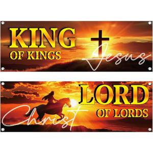 2 Pcs King and Lord Banner with Inspirational 62ft Church Banners for Sanctuary Wall Praises Sign Sunday Banner with Scripture Worship Christian Banners Hanging for Church Sunday School Decor