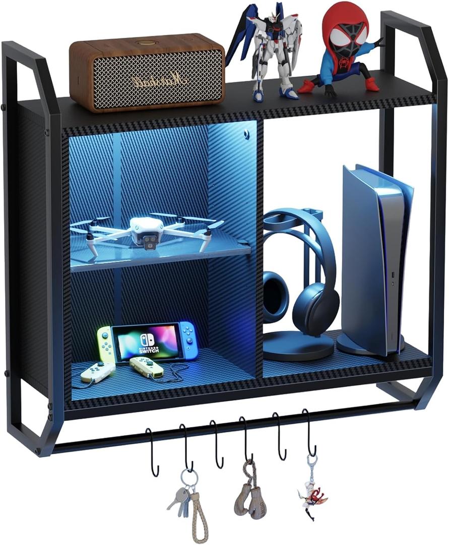 Gaming Floating Wall Shelves with Led Lights, Wall Mounted Shelf, 24" Led Lights and Adjustable Glass Bar Wine Shelf, Black Wall Shelf with 6 Hooks for Gaming Room Bedroom Living Room, 25" x 23.62" x 7.87"