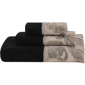Loom and Mill Luxury Cotton Bath Towel Set 3 Piece-1 Bath Towel 1 Hand Towel 1 Wash Cloth, Ultra Soft Decorative Towel Sets Highly Absorbent for Bathroom, Royal Damask Design(Black-Taupe Gold)