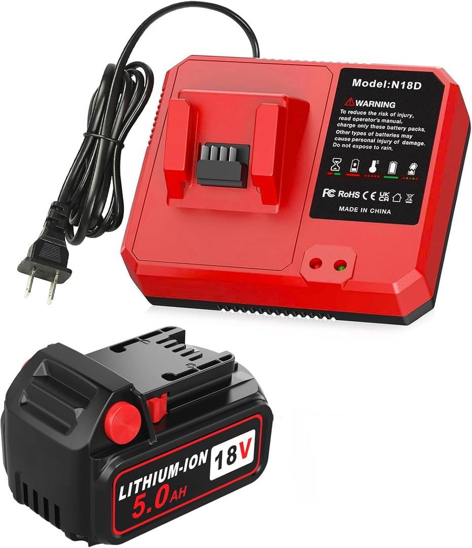 Abeden 18V Battery 5.0Ah with Charger, Replacement for Mliwaukee M18 Battery Pack, Compatible with 48-59-1802, 48-11-1802 & All 18V Cordless Power Tools (Red)
