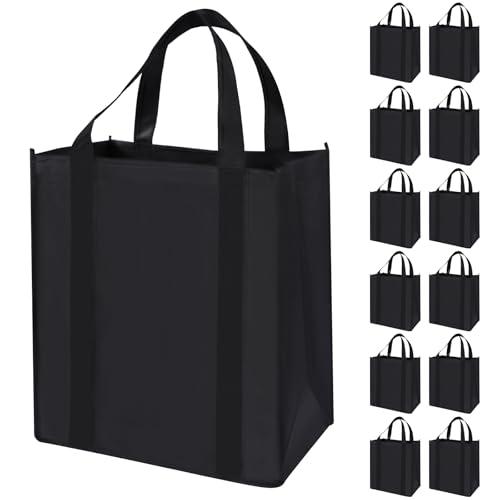 FF Uture 12 Pack Heavy Duty Reusable Grocery Bags - Large Shopping Totes Reinforced Handles, Holds 40 lbs, Foldable and Washable (Black)