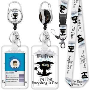 Id Badge Holder with Breakaway Lanyard, Black Cat Badge Reel Retractable Heavy Duty and Detachable Name Tag Clips, I'm Fine Everything is Fine Lanyards for Id Badges, Nurse Teacher Office Gifts