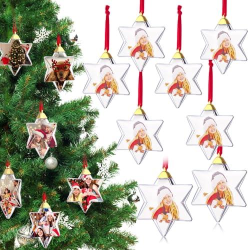 Skylety 12 Pcs Photo Ornament Ball Christmas Clear Plastic Hanging Photo Frame Ornament Family Photo Baubles for Christmas Tree Valentine's Day Decoration (Hexagram)