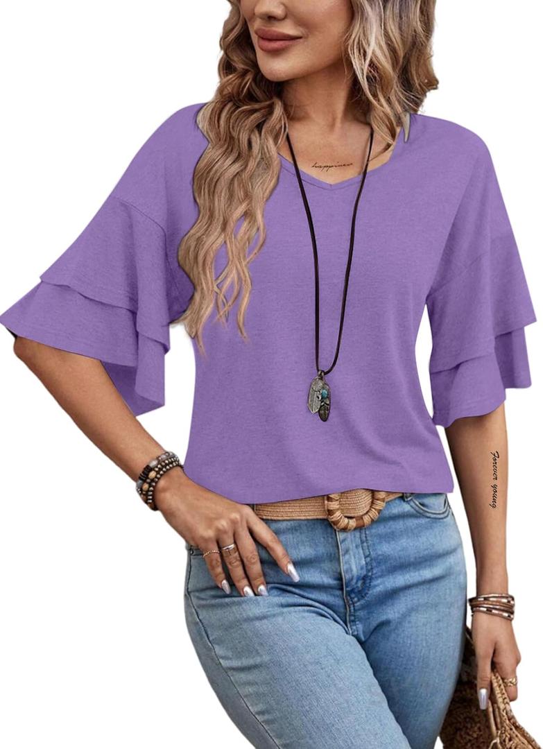 Remidoo Womens Double Layer Ruffle Half Sleeve T Shirts Casual V Neck Tops Summer tees Purple Large
