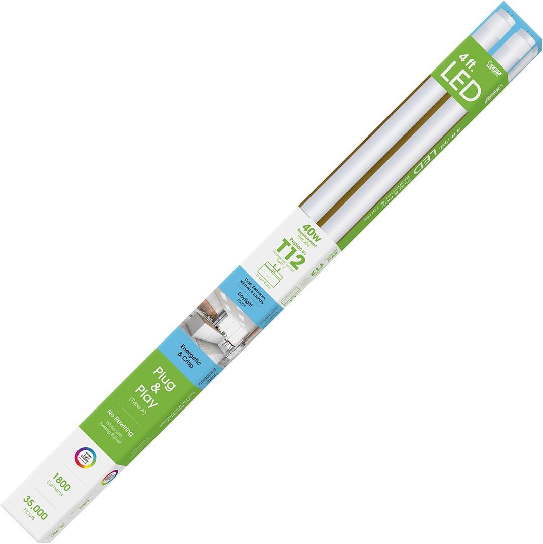 Feit Electric 4ft T12 LED Tube Light, 40W Equivalent, 5000K Daylight, 1800 Lumens, 20W, Ballast Compatible, Shatterproof, 35,000-Hour Lifespan, T1248/850/LEDG2/2, 2 Pack