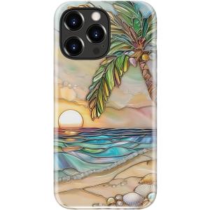 Esdot for iPhone 14 Pro Case Cute - Wireless Charging Compatible – Dual-Layer Soft Silicone + Hard Shell - Wildflower Design - Protective Phone Cover for Women Girls - Palm Tree Sunset Beach