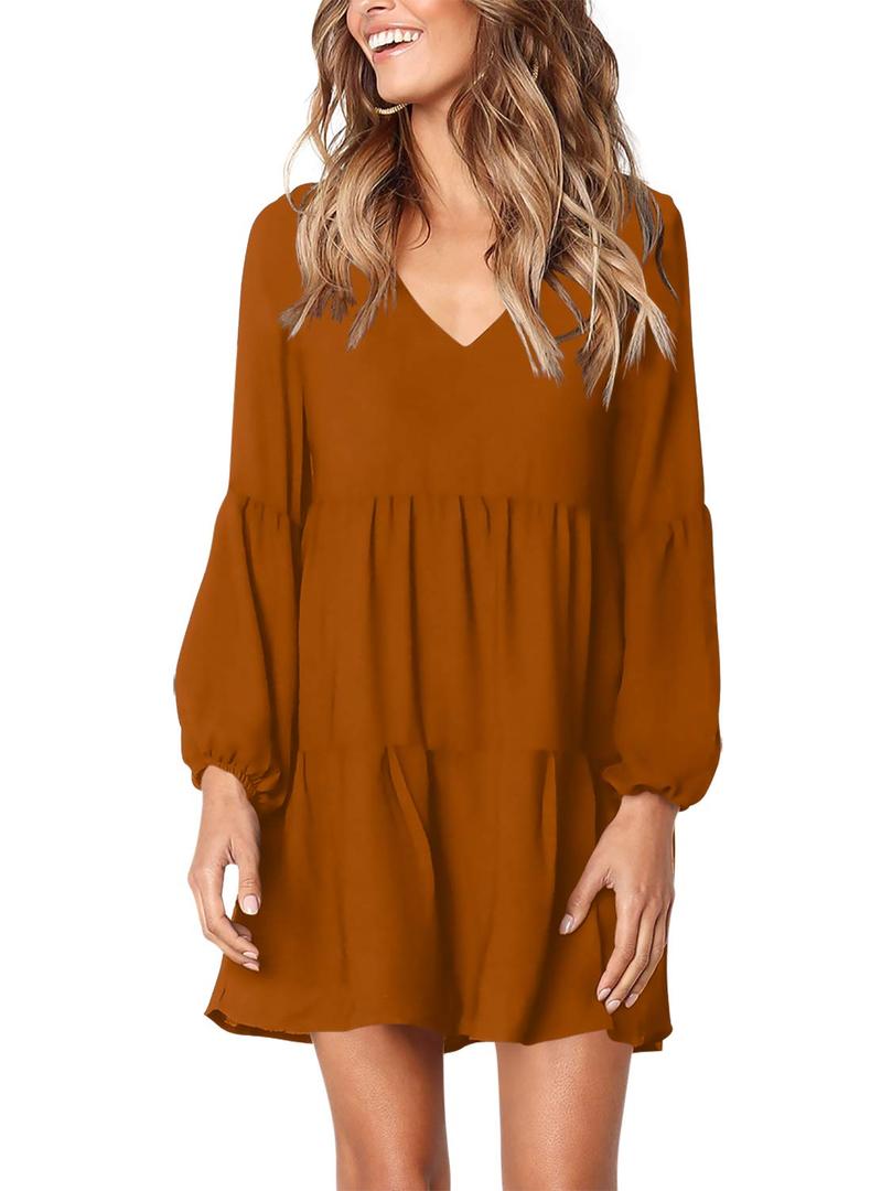 Amoretu Dresses for Women Tunic Dress V Neck Swing Shift Dresse Loose Fit, Summer, Fall, 2026 (Brown, S)