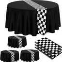 Oudain Cars Birthday Racing Decorations - Round Tablecloth, Checkered Flag Table Covers, Road Plastic Table Cloth, 1950s Disco Dancing Party Tablecloth (Black, 3 Pcs)
