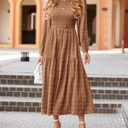 dowerme Women's Dresses 2026 Spring Puff Long Sleeve Crewneck Smocked Tiered Flowy A-Line Boho Wedding Party Maxi Dress (Brown, S)