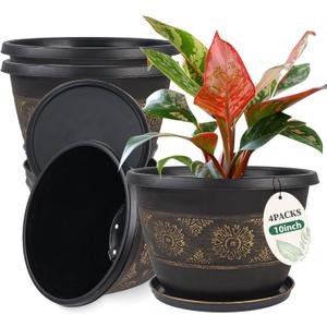 4 Pack 10 inch Plant Pots, Retro Pattern Planters with Drainage Holes and Saucer, Sturdy Plastic Garden Flower Pots for Indoor & Outdoor Plants (Gold)