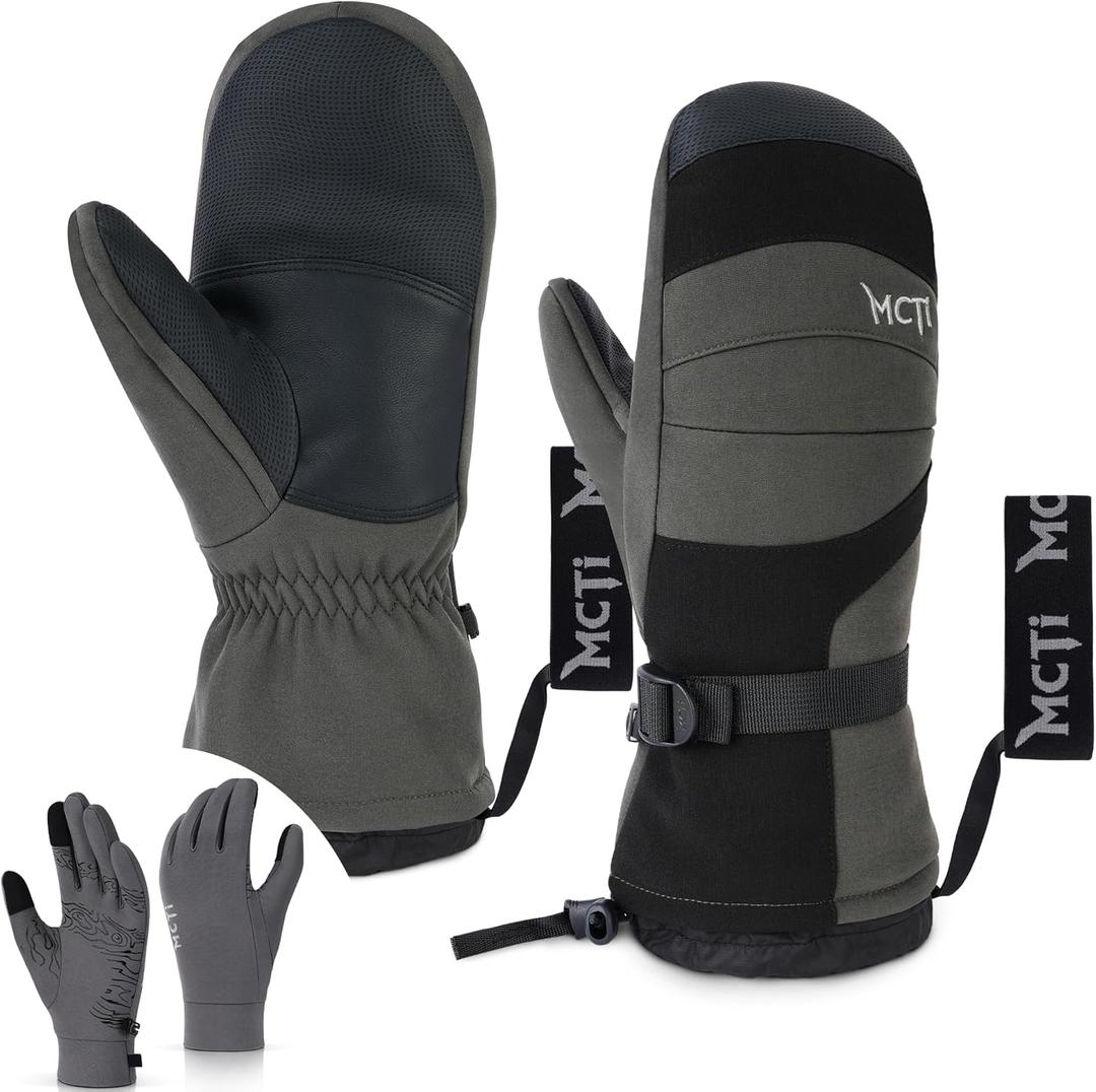 MCTi 2 in 1 Winter Ski Gloves for Men, Waterproof Snowboard Gloves, Thick Ski Mittens & Fleece Glove Liners, 2 Pairs (Medium, Grey)