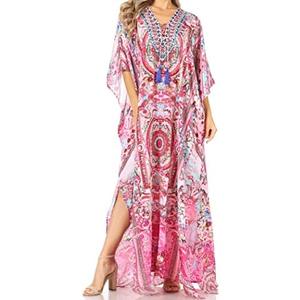 Sakkas Georgettina Flowy Rhinestone V Neck Long Caftan Dress/Cover Up 0S