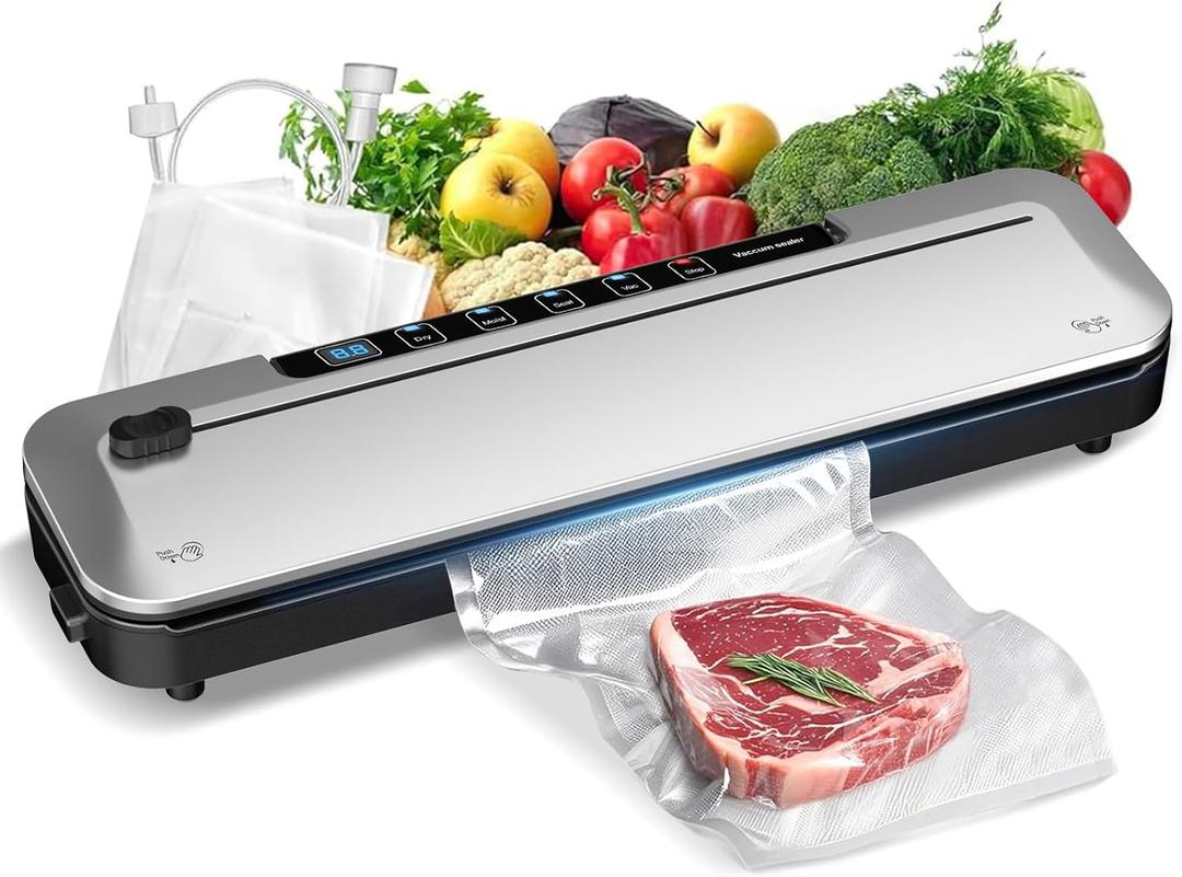 Vacuum Sealer Machine 75KPa Food with 6-in-1 Dry/Moist Modes & Digital Timer, Compact Lightweight Design, Built-in Cutter + 10 Bags (Black Silver)