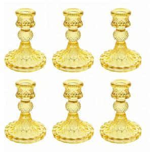Glass Candlestick Holder,Striped Taper Candle Holders,Set of 6 Candle Stand for Table Centerpieces, Home Decor,Weddings,Festival and Parties (Yellow Dimond)