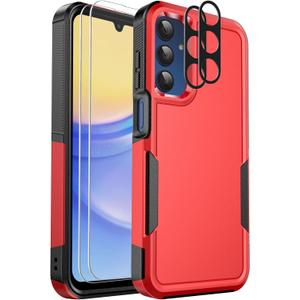 Ezanmull for Samsung Galaxy A15 5G Phone Case, [15 FT Military Grade Drop Protection] [Glass Screen Protector + Camera Lens Protector] Non-Slip Shockproof Case for Samsung Galaxy A15 5G (Red)