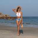 ZAFUL Women's Sheer Mesh Bikini Set High Waisted Tummy Control 2 Piece Tankini Swimsuit Bathing Suit(AG-White,M)