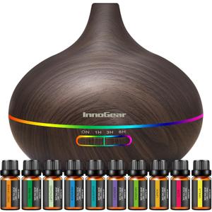 InnoGear Aromatherapy Diffuser & 10 Essential Oils Set, 400ml Diffuser Ultrasonic Diffuser Cool Mist Humidifier with 4 Timers 7 Colors Light Waterless Auto Off for Mother's Gift, Dark Wood Grain