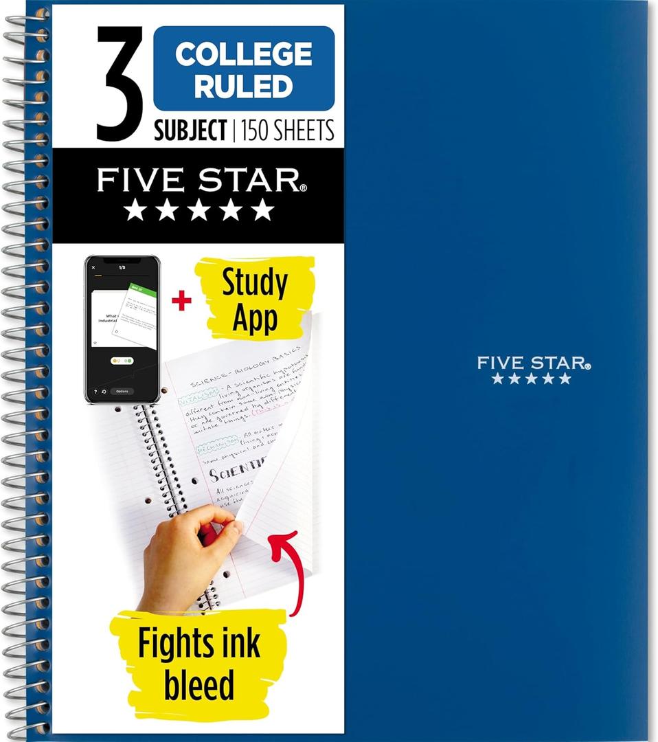 Five Star Spiral Notebook + Study App, 3 Subject, College Ruled Paper, 8-1/2" x 11", 150 Sheets, Fights Ink Bleed, Water Resistant Cover, Pacific Blue (73623)
