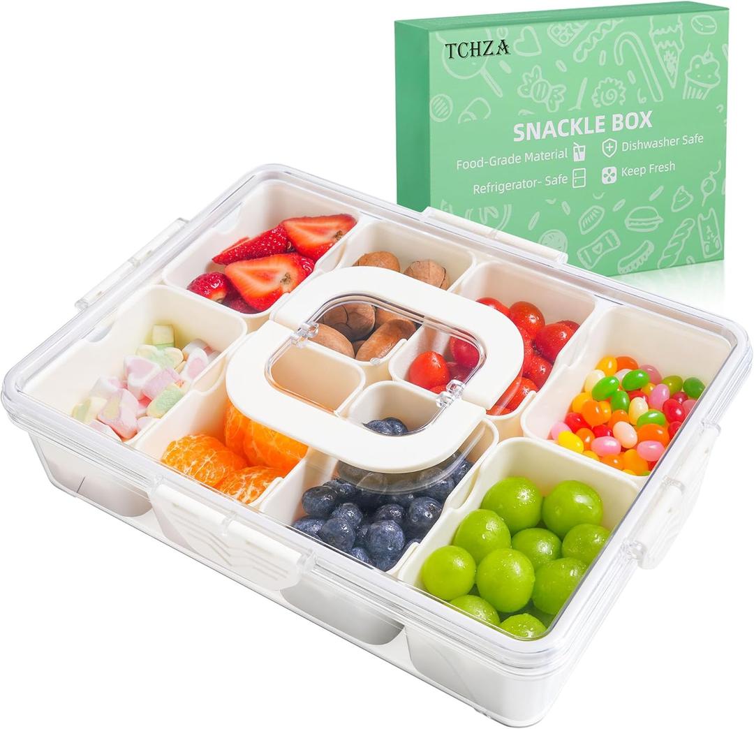 Snackle Box Container, Dishwasher Safety - Divided Serving Tray with Lid and Handle, Charcuterie Board for Portable Snack Platters - Cream Organizer for Fruits Snacks - Perfect for Road Travel Party