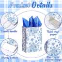 Sinload 24 Pcs Blue Floral Paper Gift Bags with Tissue Paper Elegant Blue White Party Bags with Handles for Bridal Showers Weddings and Birthday