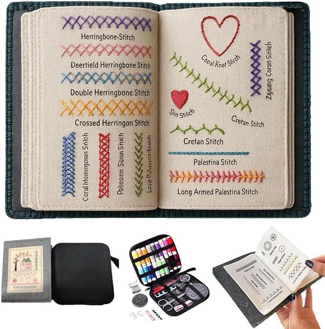 DIY Embroidery Stitch Book Kit, All Scenario Embroidery Book Sampler for Beginners, Embroidery Practice Pattern Book with 106 Stitches Sewing Set, Portable Cross Stitch Book
