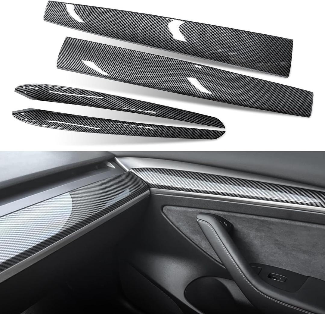 Dashboard Cover Wrap and Front Door Trim Armrest Panel Cover Wrap Compatible with Tesla Model 3(2021-2023) and Model Y(2019-2024) Tesla Interior Cover Trim 4PCS-Gloss Carbon Fiber