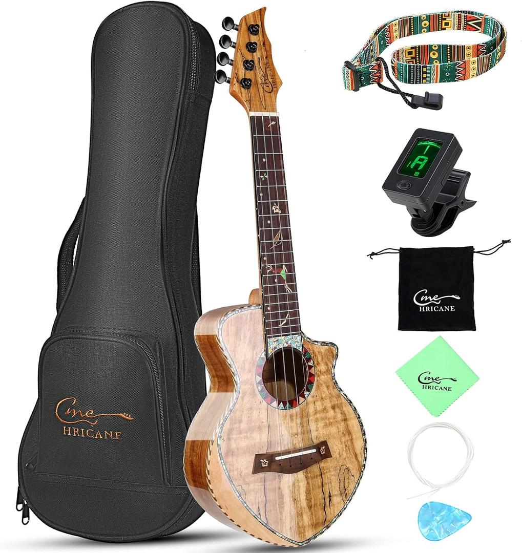 Hricane Concert Ukulele 23 inch UKS-2, 4 Strings Ukeleles For Beginners, Sapele Hawaiian Ukele with Ukulele Case and Ukele String Set (Spalted Maple Glossy)