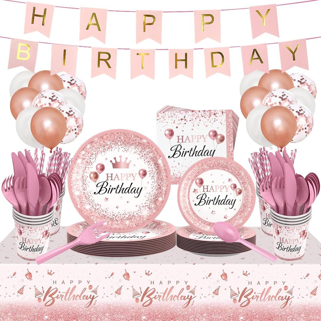 212Pcs Pink Birthday Decorations Disposable Dinnerware Sets,Birthday Party Supplies Plates Napkins Set Baby Shower Birthdays Party Plate Pink Set With Banners Cups Forks knives Spoons Serve 24