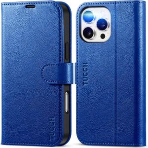 TUCCH Wallet Case for iPhone 16 Pro Max, [RFID Blocking] [4 Card Slots] Protective TPU Inner Shell, Shockproof Magnetic PU Leather Stand Flip Cover Compatible with iPhone 16 Pro Max, Klein Blue