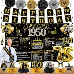 Zirtorei 75th Birthday Decorations for Men Women, 21pcs Vintage 1950 Banner Party Supplies, Black Gold 75 Year Old Birthday Backdrop, 75 Birthday Honeycomb Centerpiece Hanging Swirls Balloon Sash Gift
