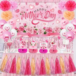 Mother's Day Decorations Pink Floral Happy Mothers Day Backdrop Honeycomb Table Centerpieces Balloons Foil Curtains Paper Pom Poms Wall Hanging Dining Decor Mothers Day Party Supplies